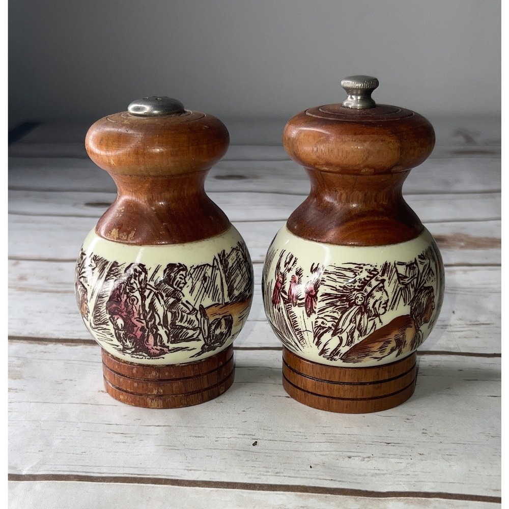 VTG Verity Southall Salt Pepper Set Wood Western Native American Scene